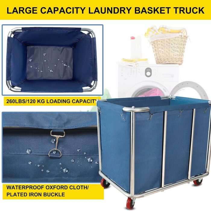 Graywlof Commercial Laundry Cart with Wheels,11.35 Bushel Large Laundry Cart,Heavy Duty Stainless Steel Commercial Laundry Hampers Laundry Basket with Waterproof Lining,260 Lbs Load