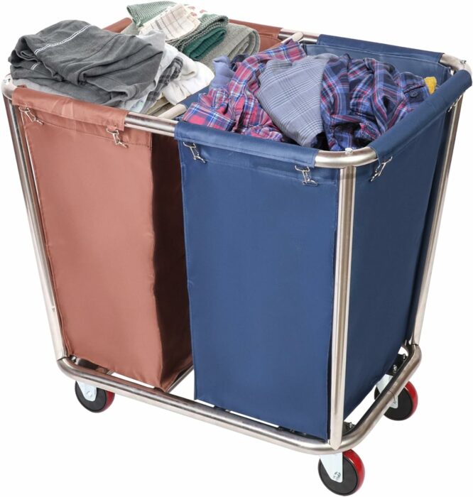 MYOYAY Laundry Cart with Wheels 350L Large Laundry Sorter 2 Section Laundry Basket with Steel Frame and Removable Bag Laundry Hamper Rolling Cart for Commercial/Home/Hotel, 35.4 x 25.5 x 32.2 