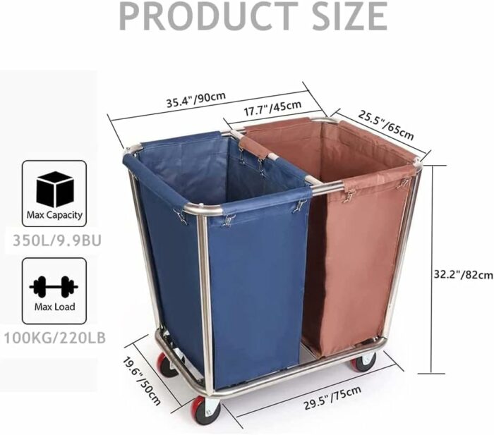 MYOYAY Laundry Cart with Wheels 350L Large Laundry Sorter 2 Section Laundry Basket with Steel Frame and Removable Bag Laundry Hamper Rolling Cart for Commercial/Home/Hotel, 35.4 x 25.5 x 32.2 