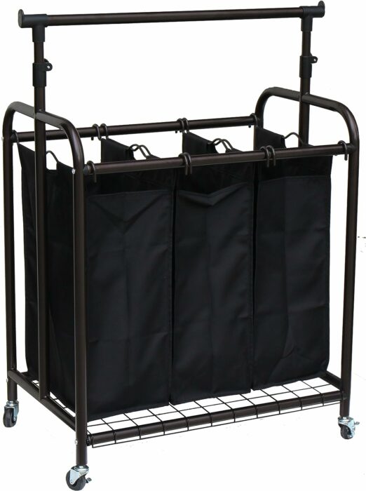 Oceanstar 3-Bag Rolling Adjustable Hanging Bar Laundry Sorter, Bronze