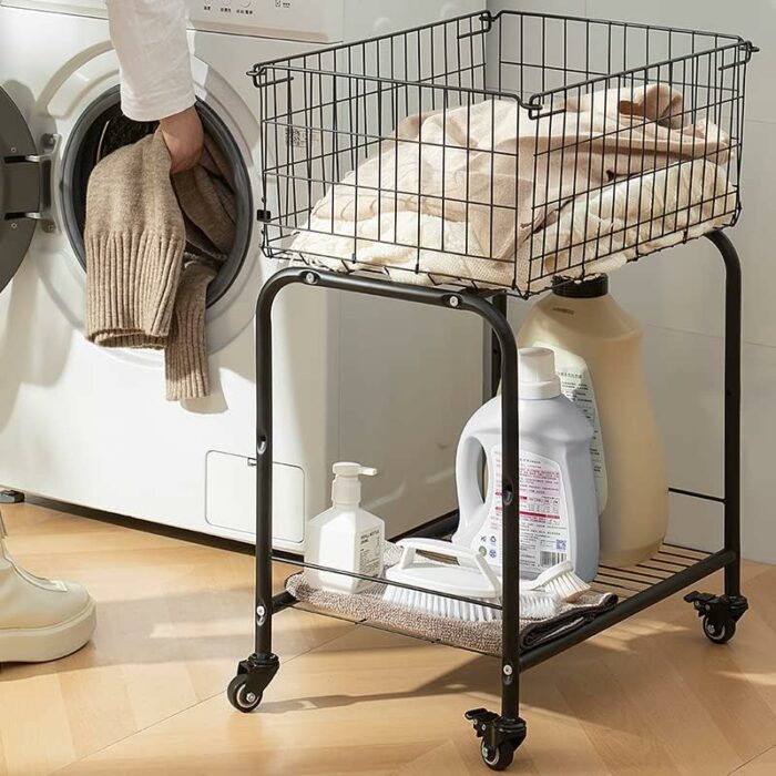 basket for garments storage, easy moved with wheels have brake, Laundry basket, white colorï¼Œrolling basket (BLACK)