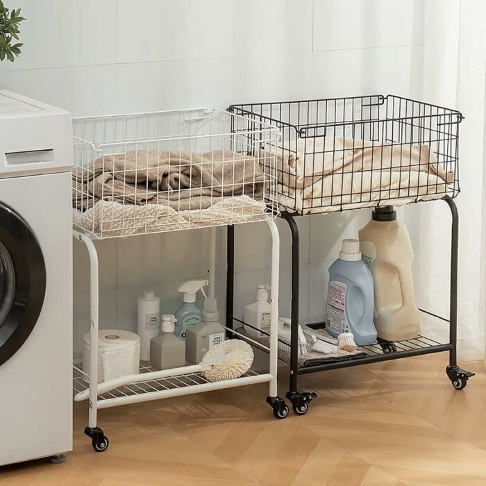 basket for garments storage, easy moved with wheels have brake, Laundry basket, white colorï¼Œrolling basket (BLACK)