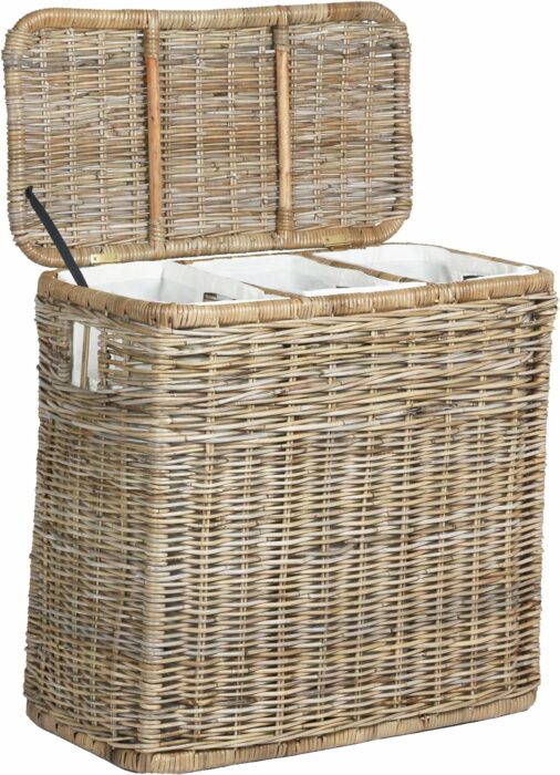 The Basket Lady 3-Compartment Wicker Laundry Sorter Hamper, 30 in L x 15 in W x 28 in H, Serene Grey