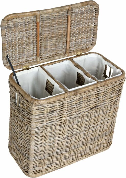 The Basket Lady 3-Compartment Wicker Laundry Sorter Hamper, 30 in L x 15 in W x 28 in H, Serene Grey