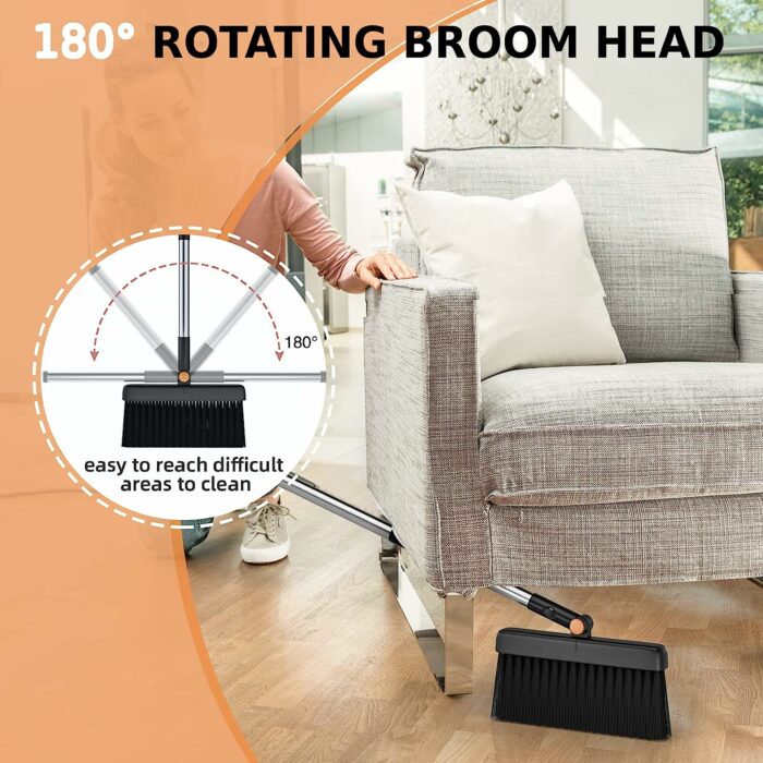 Broom and Dustpan Set, Cleaning Supplies Broom and Dustpan Set for Home, 48 Long Stainless Steel Handle Brooms with Upright Dustpan Combo Set for Home Office Kitchen Lobby Floor Cleaning