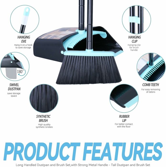 Broom and Dustpan Set for Home,Dust pan with Broom Combo Set,Standing Dustpan and Broom with Long Handle for Indoor Lobby Office Kitchen Sweeping