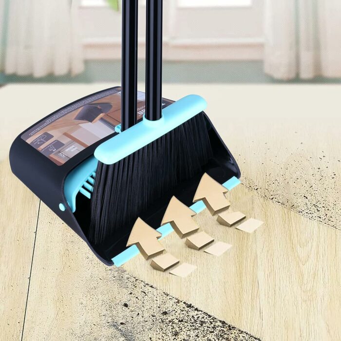 Broom and Dustpan Set for Home,Dust pan with Broom Combo Set,Standing Dustpan and Broom with Long Handle for Indoor Lobby Office Kitchen Sweeping