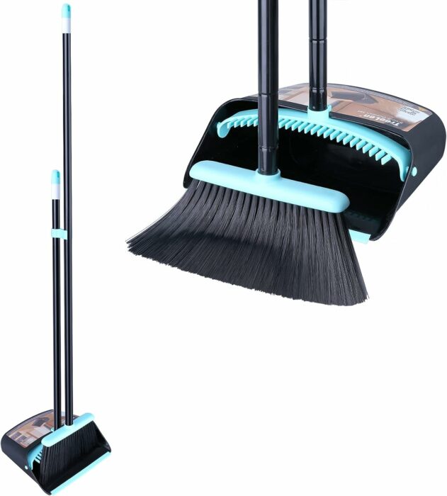 Broom and Dustpan Set for Home,Dust pan with Broom Combo Set,Standing Dustpan and Broom with Long Handle for Indoor Lobby Office Kitchen Sweeping