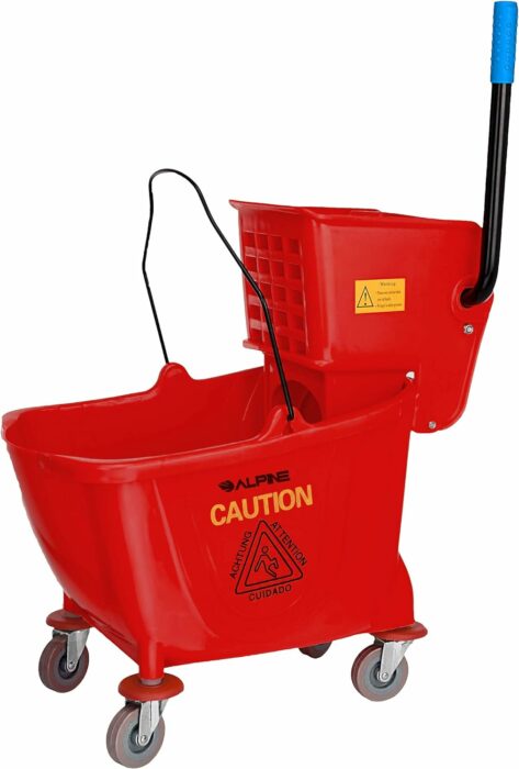 Alpine Industries Commercial Mop Bucket with Side Press Wringer - Mop Bucket with Wheels - Perfect for School, Offices, Resturants, Restrooms - 36 Qt - Red