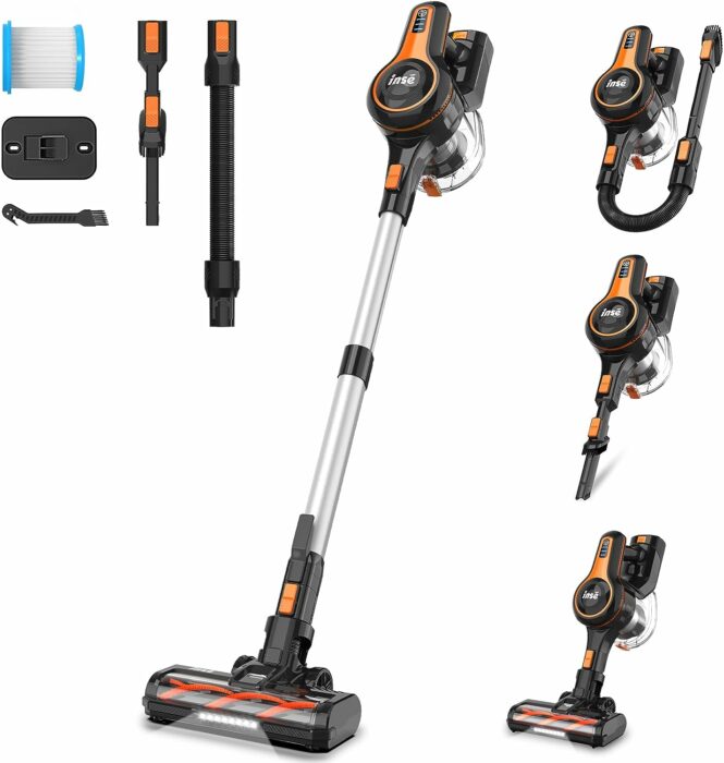 INSE Cordless Vacuum Cleaner, 8-in-1 28Kpa Lightweight Cordless Stick Vacuum, 300W Rechargeable Vacuum with 2500m-Ah Battery, 45min Runtime Powerful Stick Vacuum for Pet Hair Hard Floor Carpet - S670