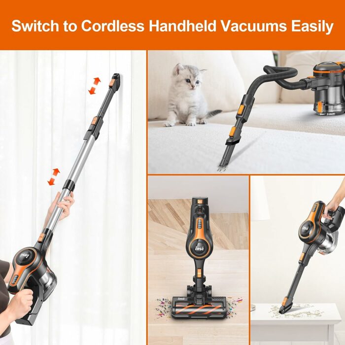 INSE Cordless Vacuum Cleaner, 8-in-1 28Kpa Lightweight Cordless Stick Vacuum, 300W Rechargeable Vacuum with 2500m-Ah Battery, 45min Runtime Powerful Stick Vacuum for Pet Hair Hard Floor Carpet - S670