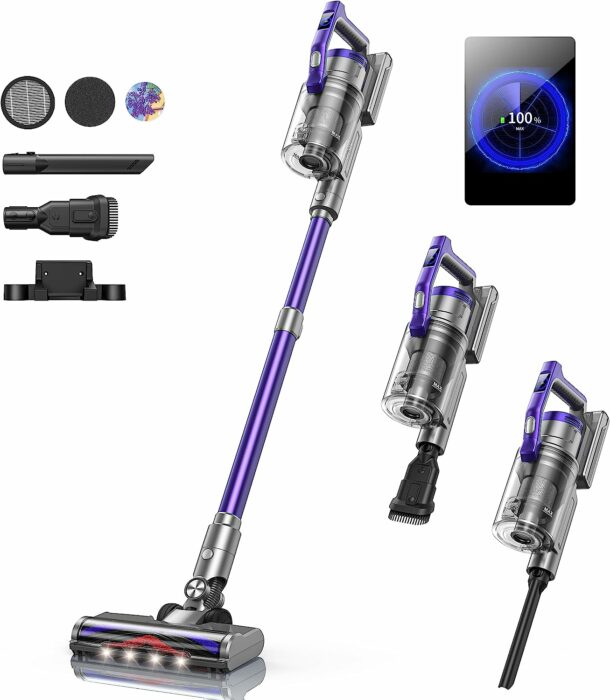 Cordless Vacuum Cleaner, 450W Stick Vacuum Cleaner, OLED Color Screen Display, Up to 55mins, 8 Animation Modes, Multi-cone Filtration, Handheld Vacuum for Hardwood Floors, Carpets, Pet Hair S14