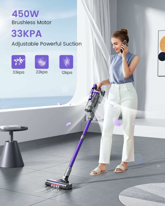 Cordless Vacuum Cleaner, 450W Stick Vacuum Cleaner, OLED Color Screen Display, Up to 55mins, 8 Animation Modes, Multi-cone Filtration, Handheld Vacuum for Hardwood Floors, Carpets, Pet Hair S14