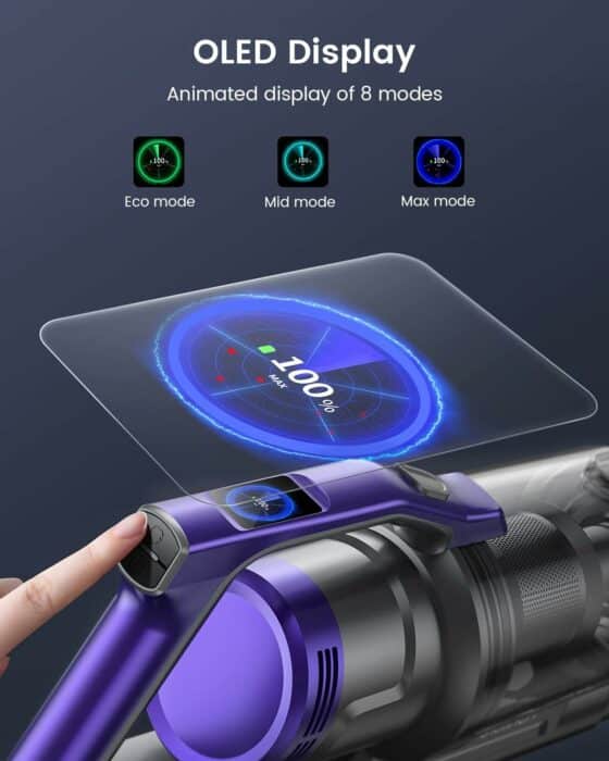 Cordless Vacuum Cleaner, 450W Stick Vacuum Cleaner, OLED Color Screen Display, Up to 55mins, 8 Animation Modes, Multi-cone Filtration, Handheld Vacuum for Hardwood Floors, Carpets, Pet Hair S14