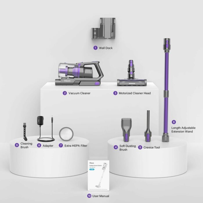 Tikom V700 Cordless Vacuum Cleaner with 450W 33Kpa Powerful Suction, Up to 50 Mins Runtime, 1.3L Dust Cup, 6 in 1 Stick Vacuum Cleaner Ideal for Carpet, Pet Hair, Hard Floor, Light Purple