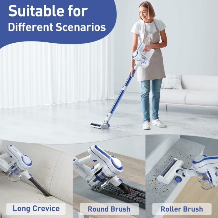 EICOBOT Cordless Vacuum Cleaner, 23Kpa Powerful Suction Lightweight Stick Vacuum Cleaner with Detachable Battery Up to 35 Mins Runtime,6 in 1 Handheld Vacuum for Hard Floor Carpet Pet Hair Blue White