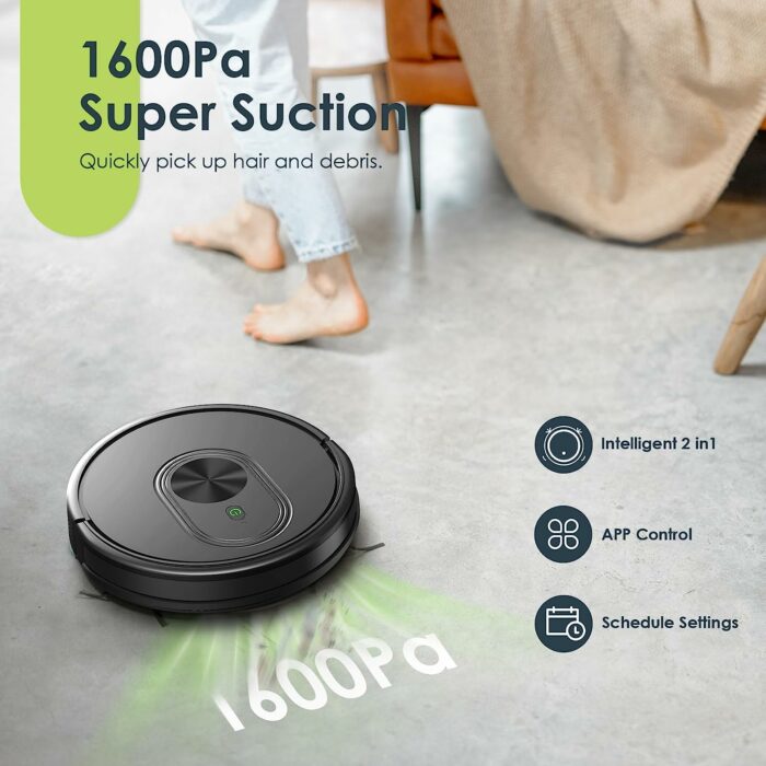 Robot Vacuum and Mop Combo, 3 in 1 Mopping Robotic Vacuum with Schedule, App/Bluetooth/Alexa, 1600Pa Max Suction, Self-Charging Robot Vacuum Cleaner, Slim, Ideal for Hard Floor, Pet Hair, Carpet