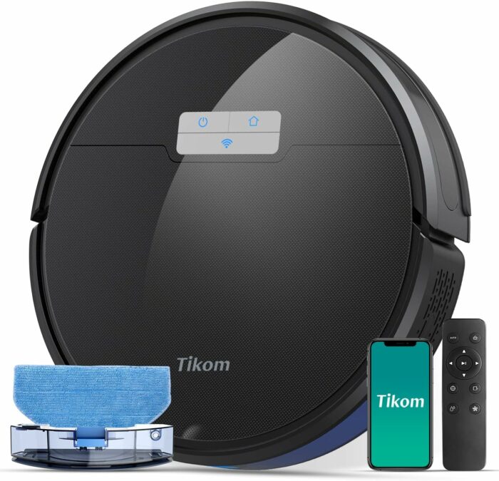 Tikom G8000 Pro Robot Vacuum and Mop Combo, 4500Pa Suction, 150Mins Max, Robotic Vacuum Cleaner with Self-Charging, Quiet, APPVoice Control, Ideal for Carpet, Hard Floor, Black