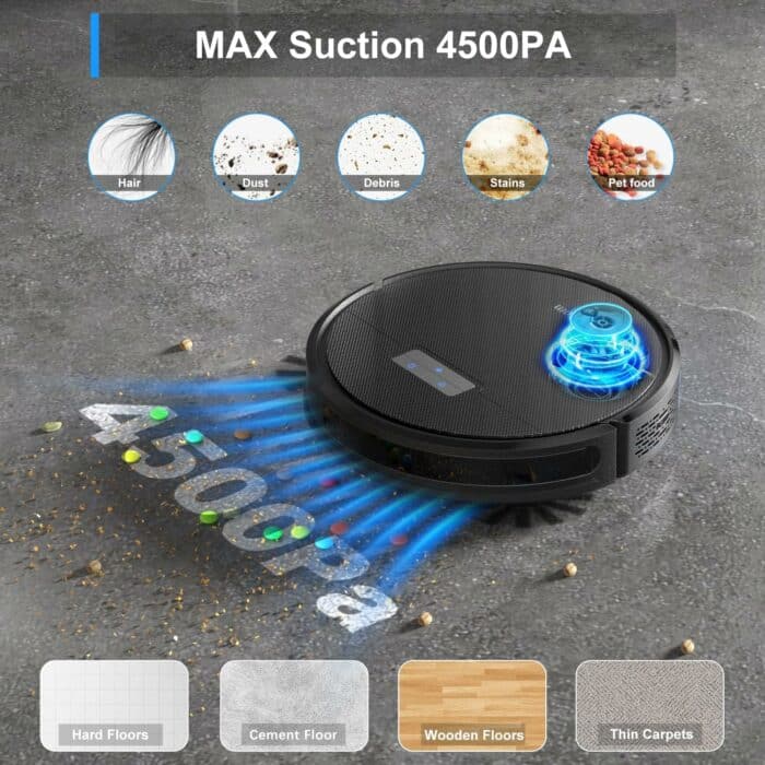 Tikom G8000 Pro Robot Vacuum and Mop Combo, 4500Pa Suction, 150Mins Max, Robotic Vacuum Cleaner with Self-Charging, Quiet, APPVoice Control, Ideal for Carpet, Hard Floor, Black