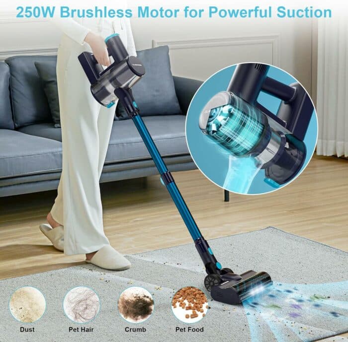 Claesydorn Cordless Vacuum Cleaner, 250W Powerful 6-in-1 Lightweight Stick Vacuum Up to 45mins Runtime with 2200mAh Battery, Rechargeable Handheld Vacuum Cleaner for Hard Floor Pet Hair Home