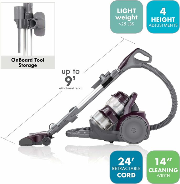 Kenmore Friendly Lightweight Bagless Compact Canister Vacuum, HEPA, Extended Telescoping Wand, Retractable Cord and 2 Cleaning Tools, Pet PowerMate + 2 Motor Power, Purple