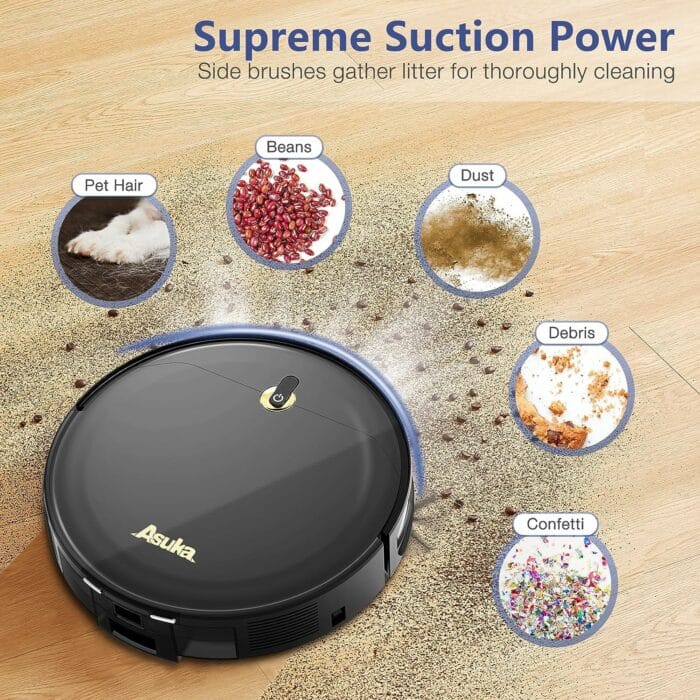 Asuka Self-Emptying Robot Vacuum Cleaner, 3 in1 Robotic Vacuum and Mop, Bagless Self Empty Base, Strong Suction, Gyro Navigation, Compatible with Alexa APP WiFi for Pet Hair Carpet Hard Floor