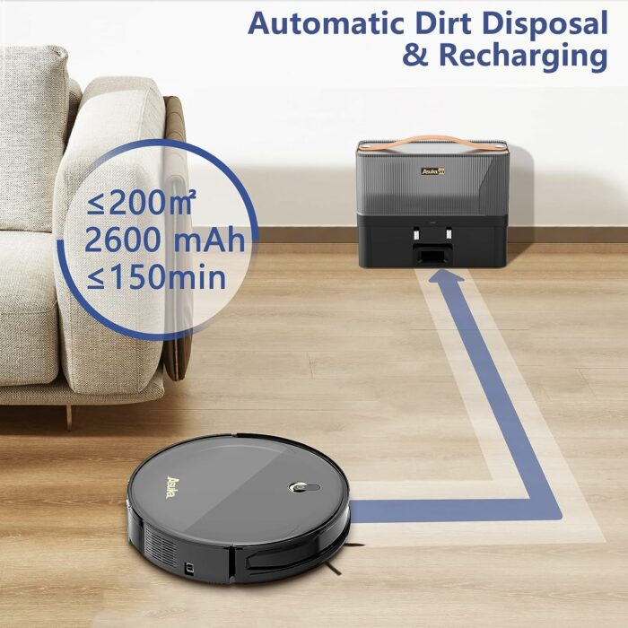 Asuka Self-Emptying Robot Vacuum Cleaner, 3 in1 Robotic Vacuum and Mop, Bagless Self Empty Base, Strong Suction, Gyro Navigation, Compatible with Alexa APP WiFi for Pet Hair Carpet Hard Floor