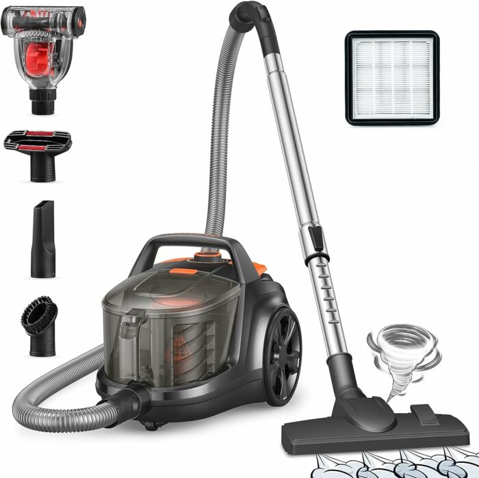 Aspiron Canister Vacuum Cleaner, 1200W Lightweight Bagless Vacuum Cleaner, 3.7QT Capacity, Automatic Cord Rewind, 5 Tools, HEPA Filter, Pet Friendly Vacuum Cleaner for Hard Floors, Carpet, Pet Hair