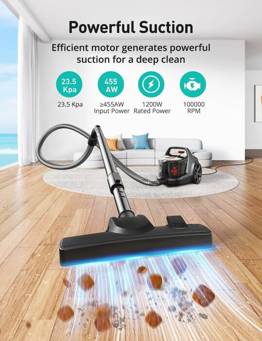 Aspiron Canister Vacuum Cleaner, 1200W Lightweight Bagless Vacuum Cleaner, 3.7QT Capacity, Automatic Cord Rewind, 5 Tools, HEPA Filter, Pet Friendly Vacuum Cleaner for Hard Floors, Carpet, Pet Hair