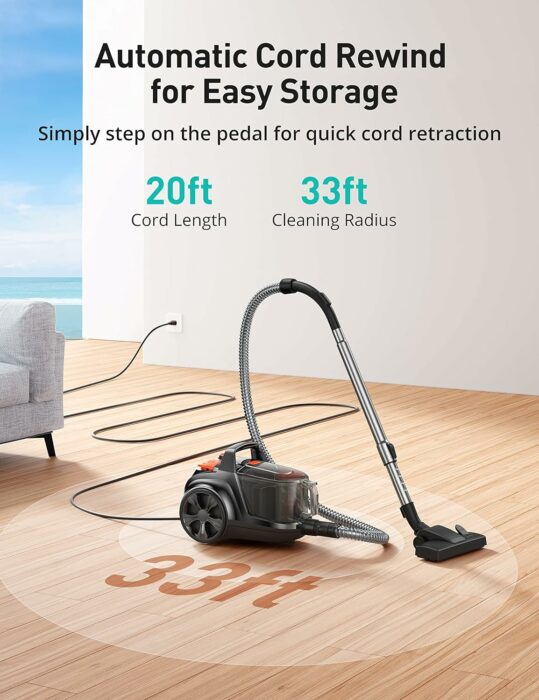 Aspiron Canister Vacuum Cleaner, 1200W Lightweight Bagless Vacuum Cleaner, 3.7QT Capacity, Automatic Cord Rewind, 5 Tools, HEPA Filter, Pet Friendly Vacuum Cleaner for Hard Floors, Carpet, Pet Hair