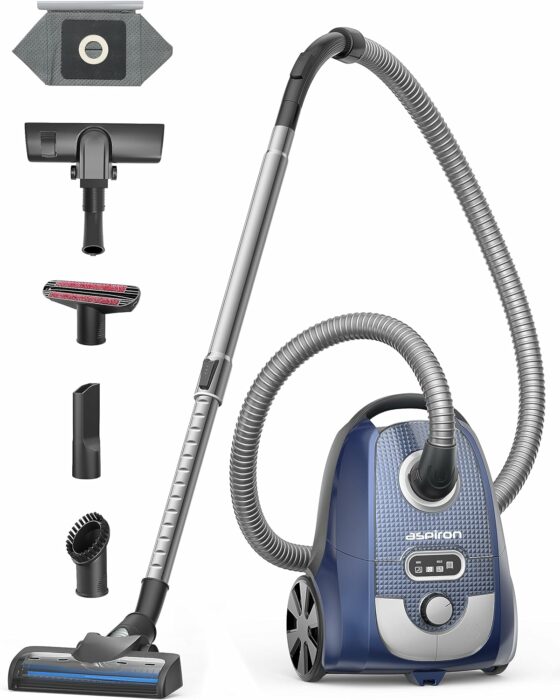 Aspiron Canister Vacuum Cleaner, 1300W Bagged Canister Vacuum, Turbo Brush, 5 Tools, 3.7Qt, H13 HEPA Filter, Automatic Cord Rewind, Vacuum Cleaner for Carpets, Hardwood Floors, Pet Hair, Blue