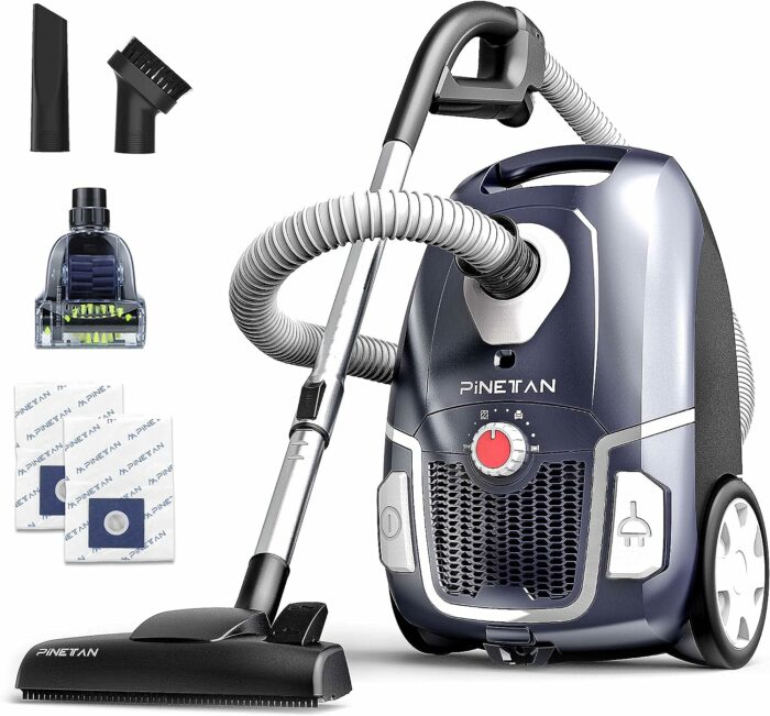 PINETAN Professional Canister Vacuum Cleaner UA807, Advanced 62 dB Low Noise Technology, High Suction Power and Rotation Speed Adjustment, 4.5 L Extra Large Dust Bags Included.