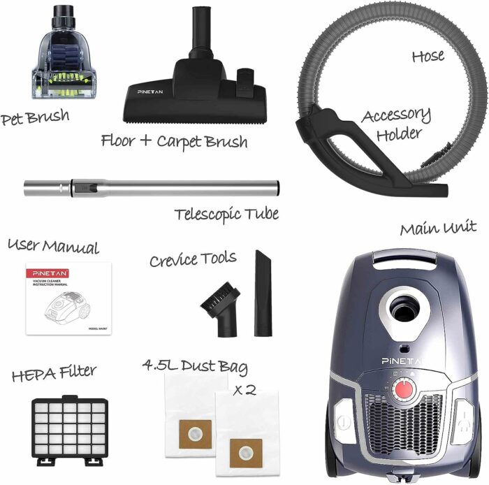 PINETAN Professional Canister Vacuum Cleaner UA807, Advanced 62 dB Low Noise Technology, High Suction Power and Rotation Speed Adjustment, 4.5 L Extra Large Dust Bags Included.