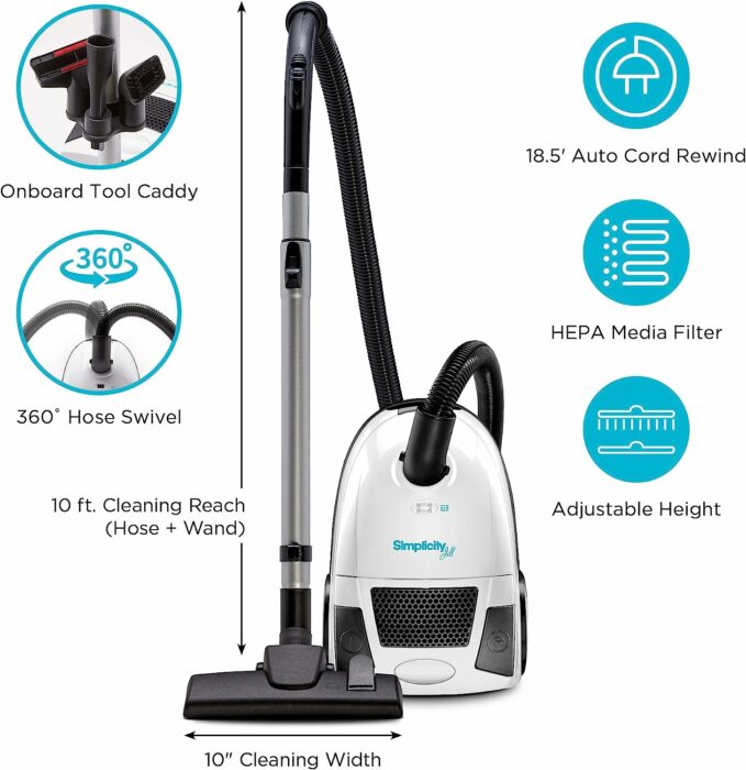 Simplicity Jill Canister Vacuum Cleaner, Hardwood Floor Vacuum with Dual-Certified HEPA Vacuum Filter and Bag, Small and Compact Stair Vacuum, Jill.12