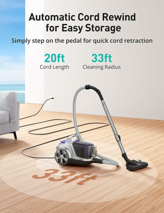 Aspiron Upgraded Canister Vacuum Cleaner, 1200W Bagless Vacuum Cleaner, 3.7Qt Large Capacity, Auto Cord Rewind, Double HEPA Filter, 5 Tools for Hard Floors, Carpet, Pet, Upholstery, Tiles, Car, Silver