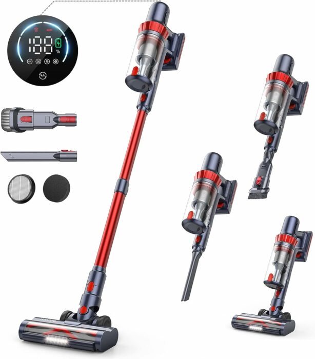 HONITURE Cordless Vacuum Cleaner, 400W 33Kpa Stick Vacuum Cordless with LCD Smart Touchscreen, Max 50mins, 7-Layer Hepa, 6 in 1 Lightweight Handheld Vacuum for Hardwood Floors,Carpets,Stairs,Pet Hair