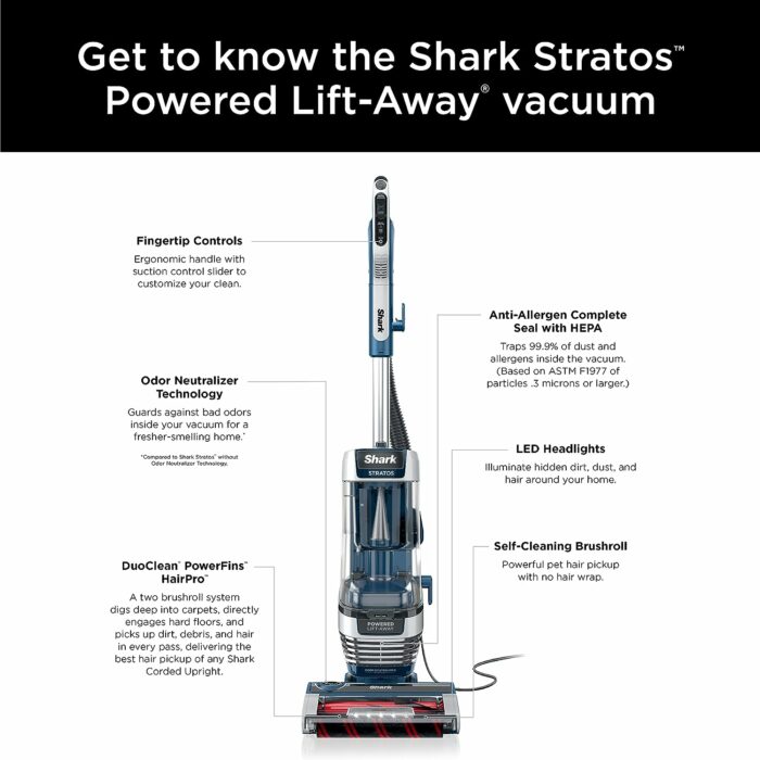 Shark AZ3002 Stratos Upright Vacuum with DuoClean PowerFins, HairPro, Powered Lift-Away, Self-Cleaning Brushroll, Odor Neutralizer Technology, Navy